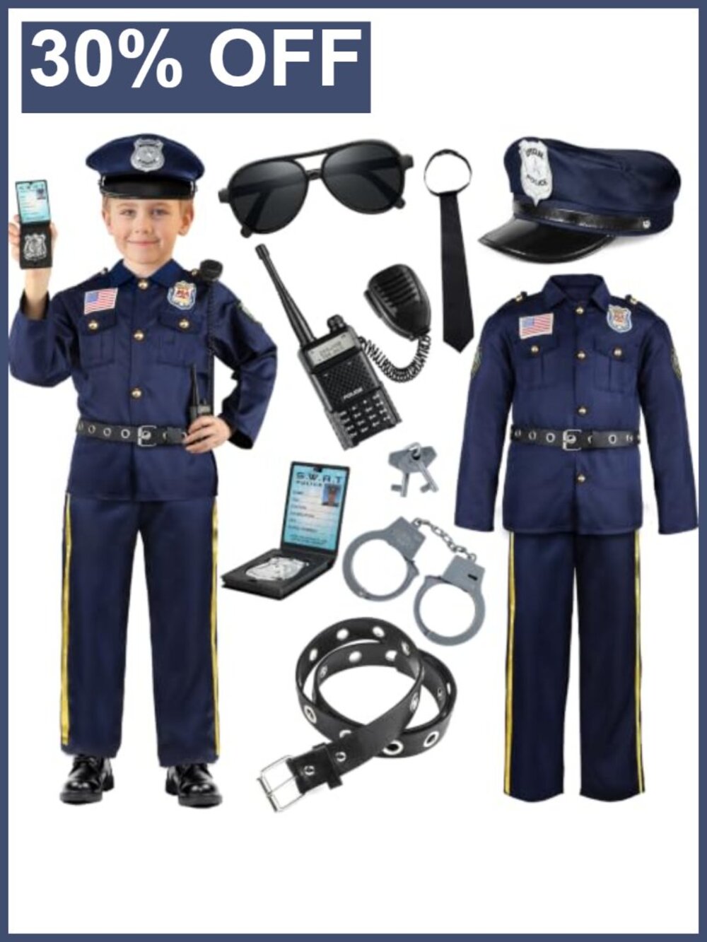 Kids Police Costume Set 5-Piece Officer Cop Outfit Halloween Pretend Play